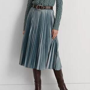 NEW Lauren Ralph Lauren Blue Metallic Pleated Chiffon Midi Skirt
